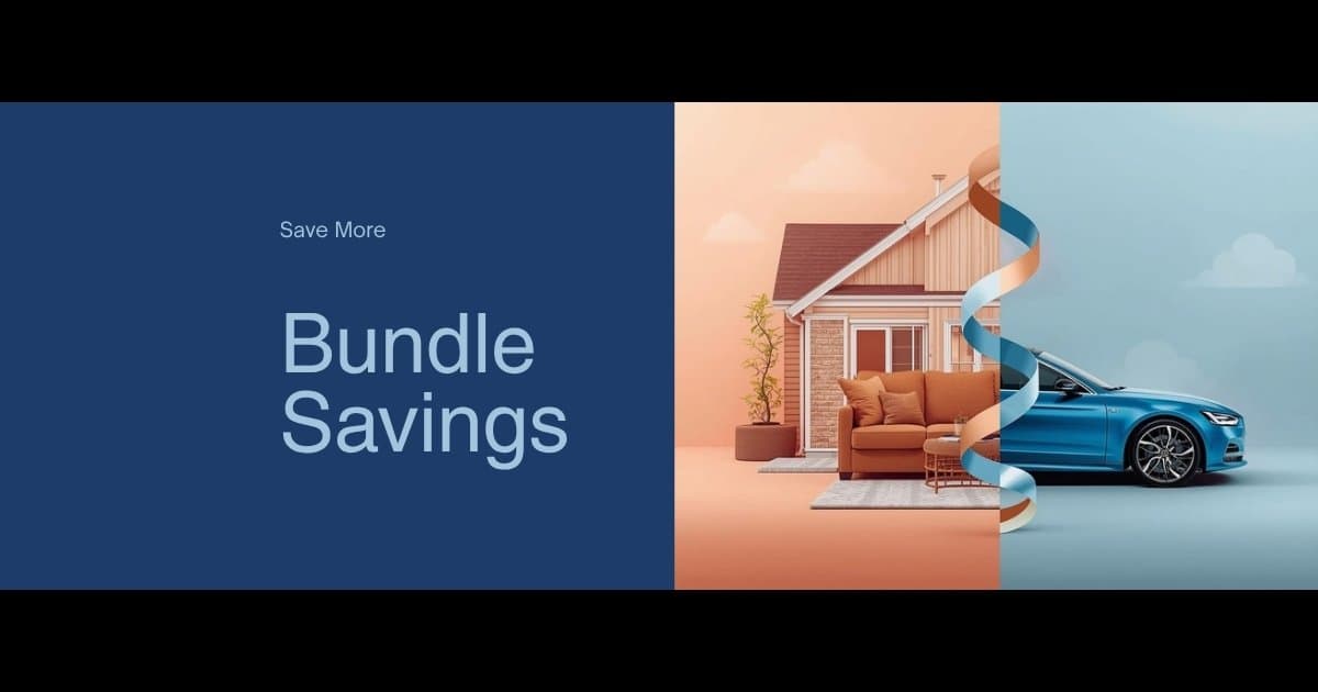 Home and car merging together with discount ribbon representing insurance bundle savings
